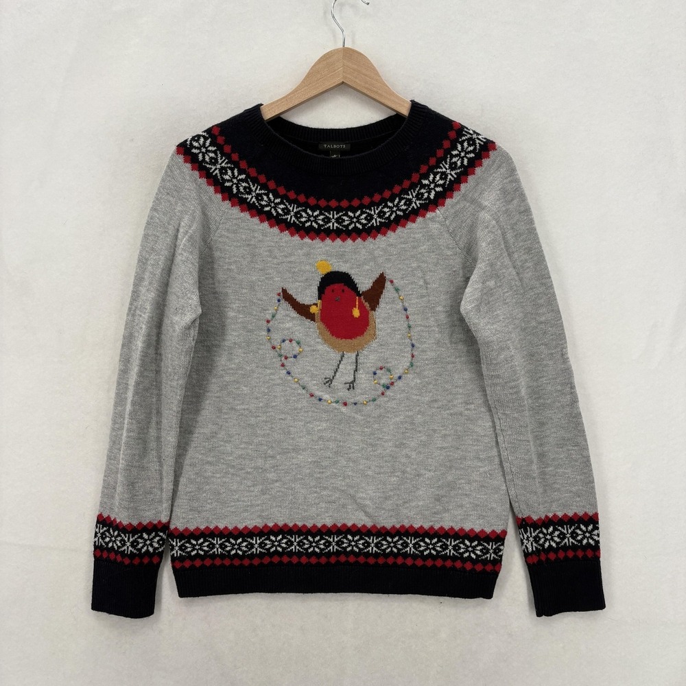 Talbots Sweater Womens Small Gray Fair Isle Robin Bird Christmas Knit Lambswool